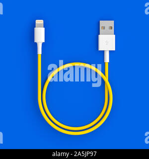 Usb-Kabel gelb auf blauem Hintergrund, 3D-Rendering im flachen Stil legen. Verbindung Konzept. Stockfoto