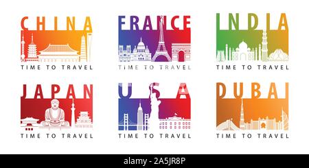Bündel von berühmten Wahrzeichen Silhouette moderner Stil mit hellen gradient Farbe der Flagge, Vector Illustration Stock Vektor
