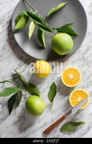 Teller mit wilden Orangen auf grauem Marmor Hintergrund. Blick von oben. Stockfoto