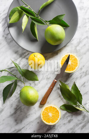 Teller mit wilden Orangen auf grauem Marmor Hintergrund. Blick von oben. Stockfoto