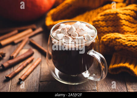 In Tasse heiße Schokolade mit Marshmallows und Zimt auf Holztisch. Doppelten Boden Glas Becher mit heißer Schokolade, Erwärmung gemütliche Herbst und Winter saison Stockfoto