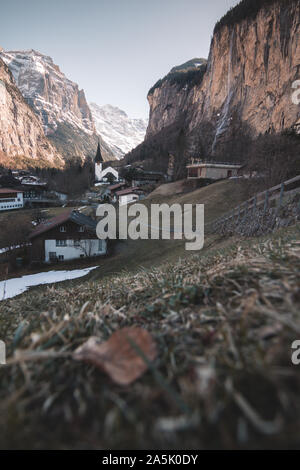 Kleine Stadt namens Lauterbrunnen in der Schweiz Stockfoto