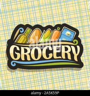 Vektor logo für Lebensmittelgeschäft, schwarz mit Speiseöl, Baguette, frisches Gemüse und Milch in einer Reihe, ursprünglichen Schrifttyp für Word gr Stock Vektor