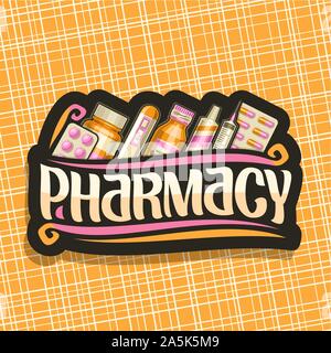Vektor logo für Apotheke, Schwarz mit Orange container, digitales Thermometer, Verpackung von Aspirin Tabletten, medizinisches Zubehör, original Pinsel typefa Stock Vektor