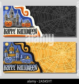 Vektor Banner für Halloween Urlaub mit Platz kopieren, Orange und Blau geschnitzte Kürbisse, Mond über altes Haus, original brush Schrift für Worte happy h Stock Vektor