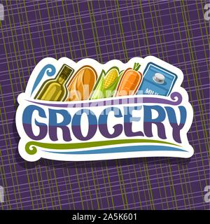 Vektor logo für Lebensmittelgeschäft, weißes Schild mit Speiseöl, Baguette, frisches Gemüse und Milch in einer Reihe, ursprünglichen Schrifttyp für Word gr Stock Vektor