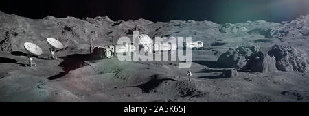 Astronauten auf dem Mond Oberfläche, mondlandschaft mit permanenter Basis Stockfoto