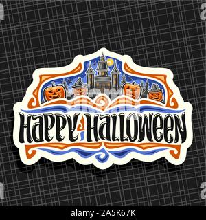 Vektor logo für Halloween Urlaub, weißes Schild mit orange geschnitzte Kürbisse, Mond über altes Haus, original brush Schrift für Worte happy halloween, de Stock Vektor