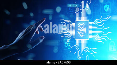 Fingerprint entsperren Cyber Security Datenschutz Konzept auf virtuellen Bildschirm Stockfoto