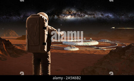 Astronaut auf dem Planeten Mars, Mars Stadt suchen Stockfoto