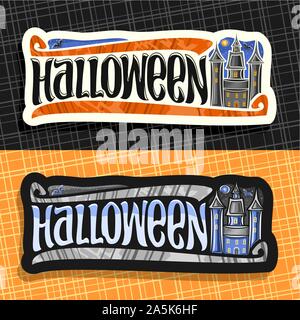 Vektor Etiketten für Halloween Urlaub, weiße und schwarze Schilder mit Schloss auf dem Hintergrund der Nacht, Himmel, Mond und bat, original brush Schrift für Wort Hall Stock Vektor