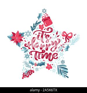 Es glückliche Zeit Vektor skandinavischen kalligrafischen vintage Text in Form von Stern mit Weihnachten Elemente. Grußkartenvorlage mit Vintage Style Stock Vektor