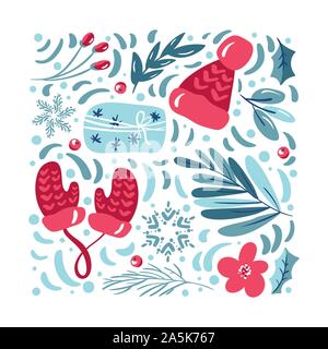 Weihnachten Dekoration Symbole mit Blättern, Hut, Socken, Farbband und andere Elemente festlegen. Isolierte Bestandteile Vektor-illustration bundle für Grußkarte Stock Vektor