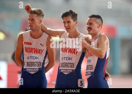 Norwegens Filip Ingebrigtsen (links), Jakob Ingebrigtsen (Mitte) und Henrik Ingebrigtsen, nachdem er in der Männer 5000 m endg. Stockfoto