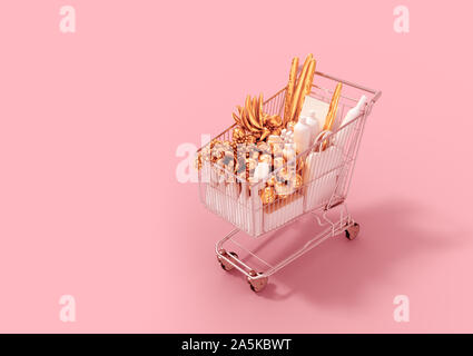 Warenkorb mit Gold Produkte und Weiße Ware auf Rosa Hintergrund. 3D-Darstellung. Stockfoto