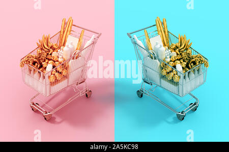 Shopping Carts mit Gold Essen Ende Weiße Ware auf Rosa und Cyan Hintergründe. 3D-Darstellung. Stockfoto