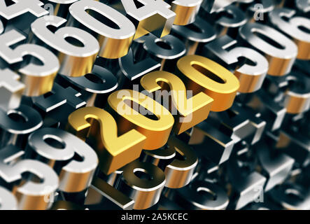 Digitale Matrix aus Metall Zahlen mit Goldenen Zahlen 2020. 3D-Darstellung. Stockfoto