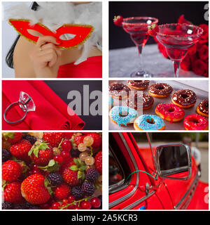 Collage aus sechs Fotos in roten Farben. Frau mit Karneval Maske, rote Cocktail in Gläser, Donuts, Ring, Beeren, rot Retro Auto. Stockfoto