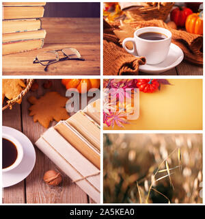 Herbst Collage von fünf Fotos. Heißen Tee, alte Bücher, Kürbis. Warm und gemütlich Stockfoto