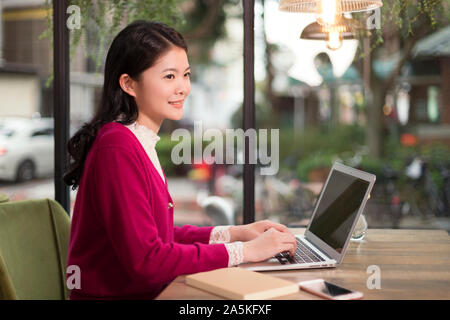 Frau Arbeiten am Laptop im Cafe Stockfoto