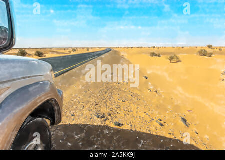 Aquarell Abbildung: das Fahren auf dem grauen Asphalt werfen Sie den Sand der Sahara, Sudan, Afrika Stockfoto