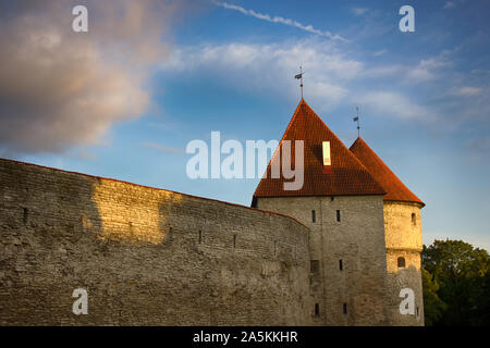 Stadtmauer von Tallinn, schloss Toompea (Tallinna vanalinn, Deutschen Ordens, World Heritage List, 14. Jahrhundert), Festung Mauern, Türme mit konischen Rot r Stockfoto