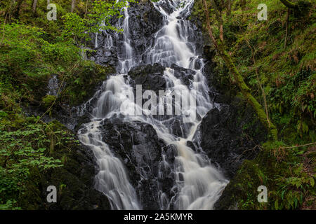 Pulhowan brennen Wasserfall im Wald von Cree Nature Reserve, Newton Stewart, Dumfries und Galloway, Schottland Stockfoto