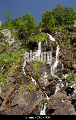 Eine Kaskade auf dem Stream bekannt als Ruisseau d'Arbu in der Nähe von Port de Lers, Ariège, Royal, Frankreich, in den Pyrenäen Stockfoto