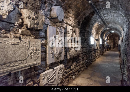 Historische geschnitzte Steinreliefs, die im unterirdischen Kalkstein-Korridor der Inger-Bastion-Tunnel in Tallinn, Estland, ausgestellt sind Stockfoto