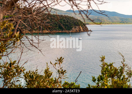 Zwei yahts Floating in der Nähe der malerischen Landschaft von Cala Violina Strand im Tyrrhenischen Meer Bucht, die von grünen Wald in der Provinz von Grosseto in der Toskana umgeben Stockfoto