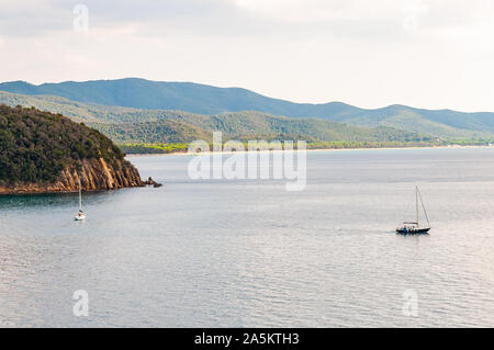 Zwei yahts Floating in der Nähe der malerischen Landschaft von Cala Violina Strand im Tyrrhenischen Meer Bucht, die von grünen Wald in der Provinz von Grosseto in der Toskana umgeben Stockfoto