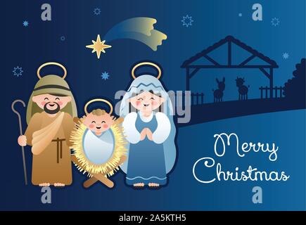 Frohe Weihnachten. Weihnachten Krippe mit der Heiligen Familie und der Bethlehem Shooting Star. Niedliche Comicfiguren. Vector Illustration. Stock Vektor