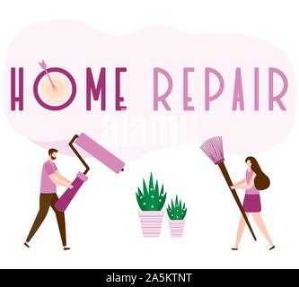 Vector Illustration mit Menschen mit Tools für Malerarbeiten, Reparatur Inschrift. Malerei, Reparatur von Räumlichkeiten. Gebäude, Bau, home Stock Vektor