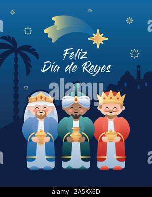 Feliz Dia de Reyes. Happy Day der Könige in Spanisch. Cute Cartoon Charaktere der Drei Könige oder drei Weisen. Vector Illustration. Stock Vektor