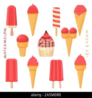 Vector Illustration für natürliche Wassermelone Eis auf Stick, in Papier Schalen-, Wafer- Kegel. Eis mit süßen kalt Eis Lolly, Tas Stock Vektor