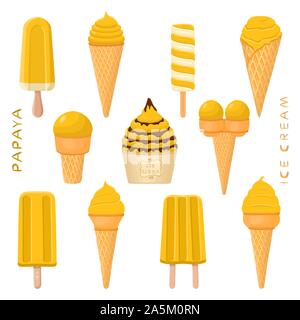 Vector Illustration für natürliche Papaya Eis auf Stick, in Papier Schalen-, Wafer- Kegel. Eis mit süßen kalt Eis Lolly, lecker Set f Stock Vektor