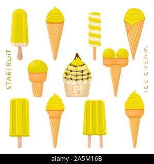 Vector Illustration für natürliche starfruit Eis auf Stick, in Papier Schalen-, Wafer- Kegel. Eis mit süßen kalt Eis Lolly, tast Stock Vektor