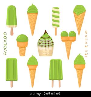 Vector Illustration für natürliche avocado Eis auf Stick, in Papier Schalen-, Wafer- Kegel. Eis mit süßen kalt Eis Lolly, lecker einstellen Stock Vektor