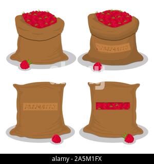 Vector Illustration logo für Beutel gefüllt mit Berry rote Himbeere, Lagerung in Säcken. Himbeere Muster bestehend aus reif essen, Rohstoff auf offenen Sa Stock Vektor
