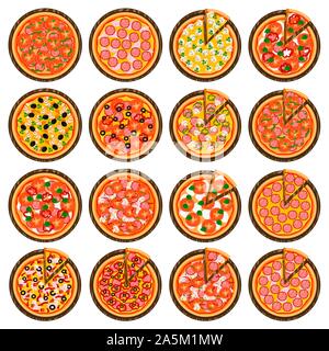 Große bunte für die ganze Runde heiße Pizza, Scheibe Dreieck Menü zu Pizzeria gesetzt. Pizza auf Holzbrett, Inhaltsstoffe verschiedener Größe für pizzeria zum Schwarzen Brett. Stock Vektor