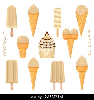 Vector Illustration für natürliche Kokos Eis auf Stick, in Papier Schalen-, Wafer- Kegel. Eis mit süßen kalt Eis Lolly, lecker einstellen Stock Vektor