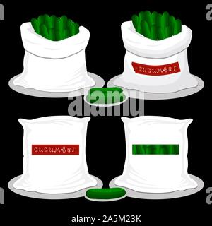 Vector Illustration für Taschen mit Gemüse grüne Gurke gefüllt, Speicherung in Säcken. Gurke Muster bestehend aus reif essen, Rohstoff auf offenen Sac Stock Vektor