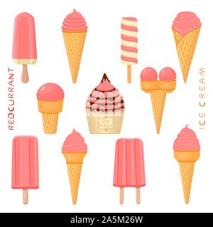 Vector Illustration für natürliche rote Johannisbeere Eis auf Stick, in Papier Schalen-, Wafer- Kegel. Eis mit süßen kalt Eis Lolly, Tas Stock Vektor