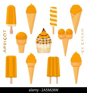 Vector Illustration für natürliche Aprikosen Eis auf Stick, in Papier Schalen-, Wafer- Kegel. Eis mit süßen kalt Eis Lolly, lecker einstellen Stock Vektor