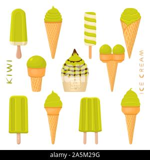 Vector Illustration für natürliche kiwi Eis auf Stick, in Papier Schalen-, Wafer- Kegel. Eis mit süßen kalt Eis Lolly, lecker Fro Stock Vektor