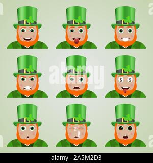 Satz von niedlichen Kobold Emoticons. St. Patrick's Day. Die verschiedenen Emotionen des Charakters. Satz von avatar Symbole. Vector Illustration. Stock Vektor