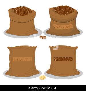 Vector Illustration für Beutel gefüllt mit Nüssen braune Haselnuss, Lagerung in Säcken. Haselnuss Muster bestehend aus reif essen, Rohstoff auf offenen Sack. Ta Stock Vektor