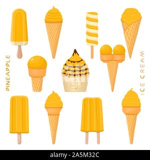 Vector Illustration für natürliche Ananas Eis auf Stick, in Papier Schalen-, Wafer- Kegel. Eis mit süßen kalt Eis Lolly, tast Stock Vektor