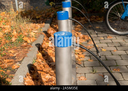 Die Ladestationen für Pedelecs mit Blätter im Herbst Stockfoto