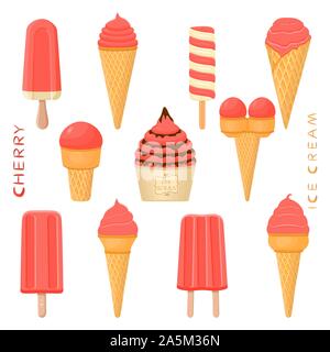 Vector Illustration für natürliche Kirsch Eis auf Stick, in Papier Schalen-, Wafer- Kegel. Eis mit süßen kalt Eis Lolly, lecker Set f Stock Vektor